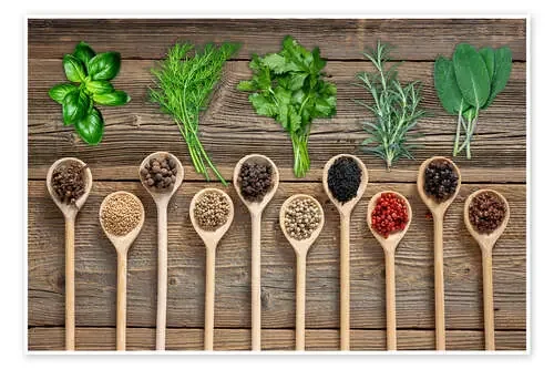 Fresh herbs and colourful spices on wood de Thomas Klee