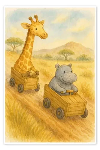 Giraffe and hippo racing in wooden racing cars de Natalie Bruns