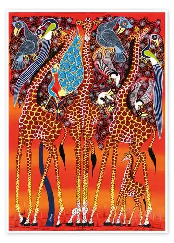 Giraffe with peacock de Maulana Tanzania Art & Licensing