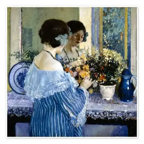 Girl in Blue Arranging Flowers de Frederick Carl Frieseke Master Collection