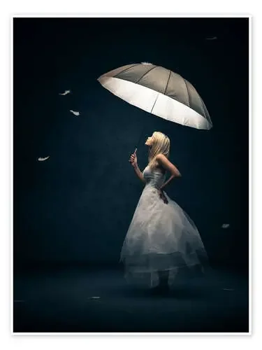 Girl with umbrella and falling feathers de Johan Swanepoel