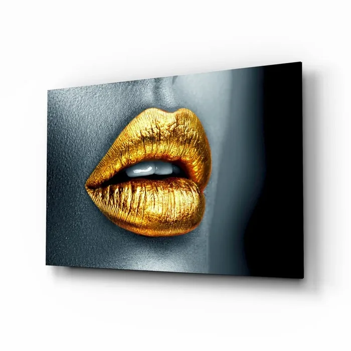 Golden Lips Glass Wall Art – 28.5 » x 18 «