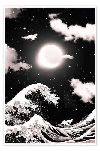 Great Wave off Kanagawa and Lunar Eclipse in black and white de Gen Z