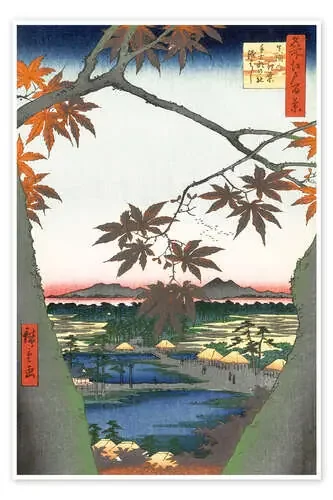 Hojas de arce, santuario de Tekona y puente de Utagawa Hiroshige Master Collection