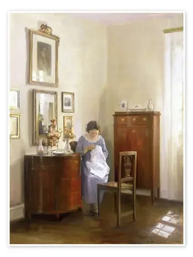 Interior con mujer de coser de Carl Holsøe Master Collection