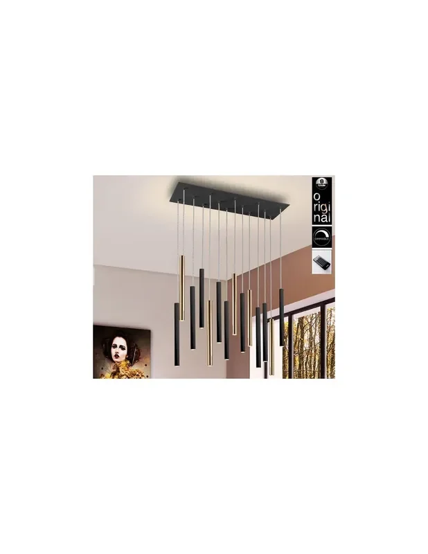 Lámpara Varas de 14 Luces Negro Oro Dimable con Mando