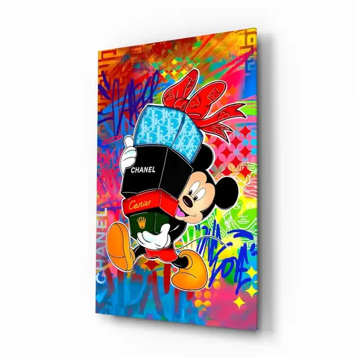Mickey in the World of Brands Glass Wall Art Designer Collection – 28.5 » X 18 «
