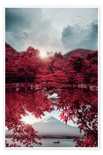 Mount Fuji and white swan in red landscape de Gen Z