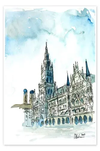Munich City Hall Aquarell de M. Bleichner