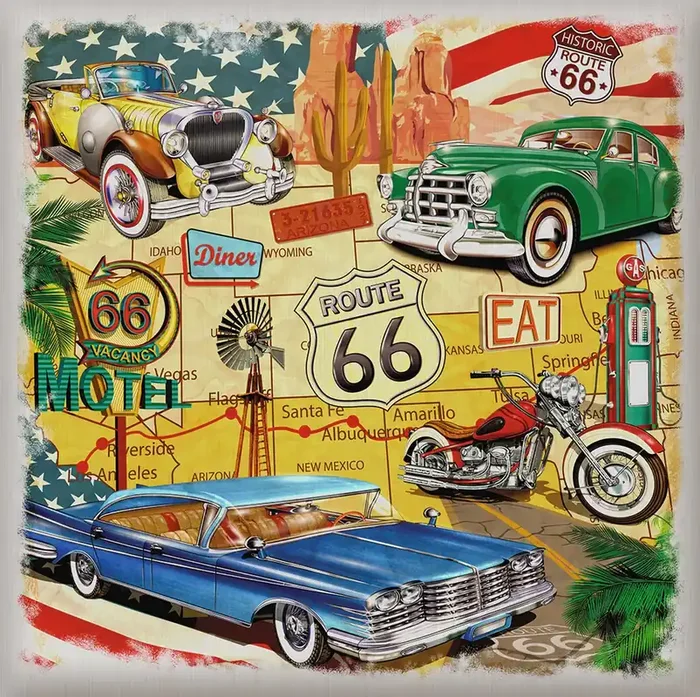 mural decorativo autoadhesivo coches antiguos vinatge amarillo, verde y azul de Sanders & Sanders – 600331