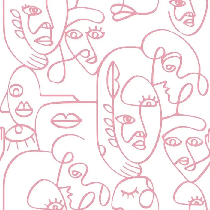 Noordwand Papel pintado Friends&Coffee Line Art Faces blanco y rosa