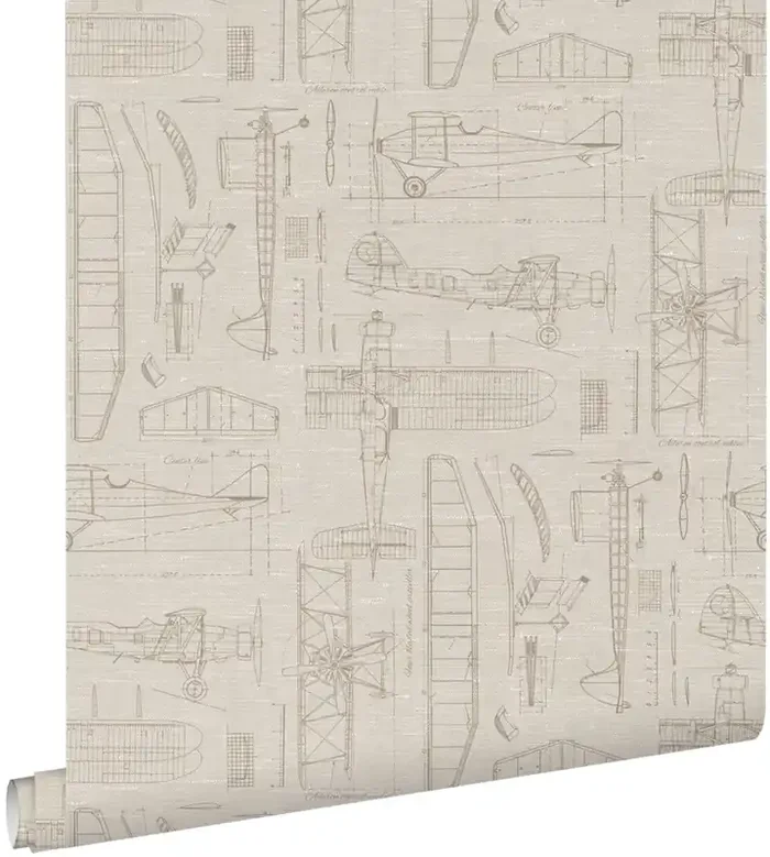 papel pintado planos de construcción de aviones beige y color arena de ESTAhome – 139959