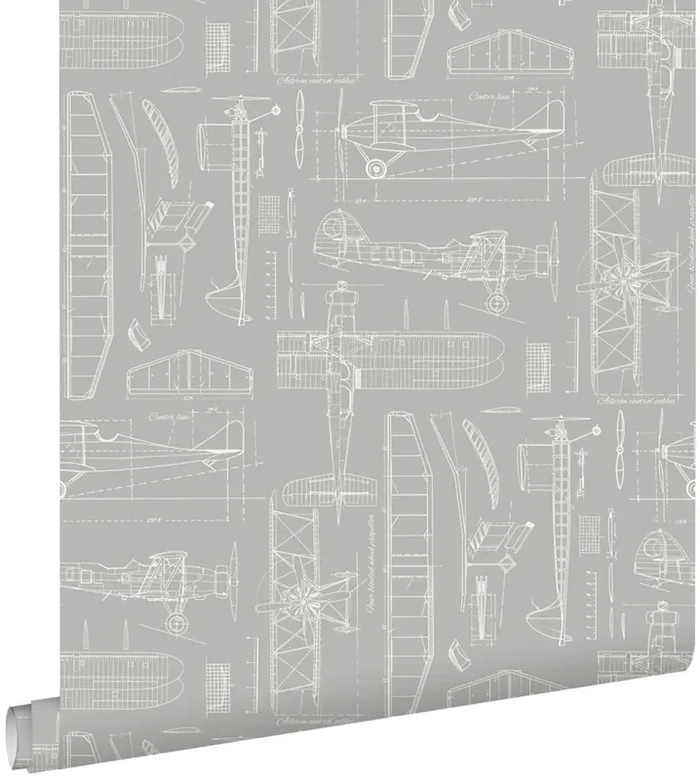 papel pintado planos de construcción de aviones gris pardo de ESTAhome – 128811