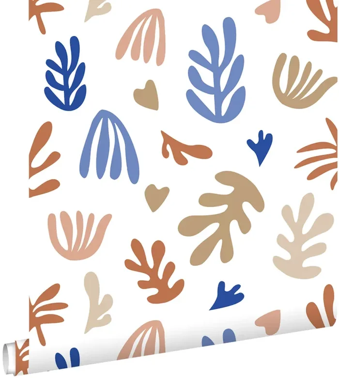 papel pintado plantas en estilo Matisse beige, rojo barro cocido y azul de ESTAhome – 131019