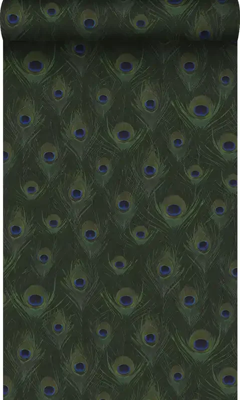 papel pintado plumas de pavo real verde musgo de Origin Wallcoverings – 347765