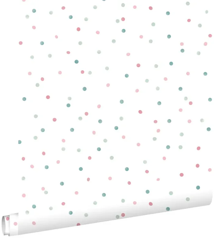 papel pintado puntos lunares rosa, menta verde y azul agrisado de ESTAhome – 139049