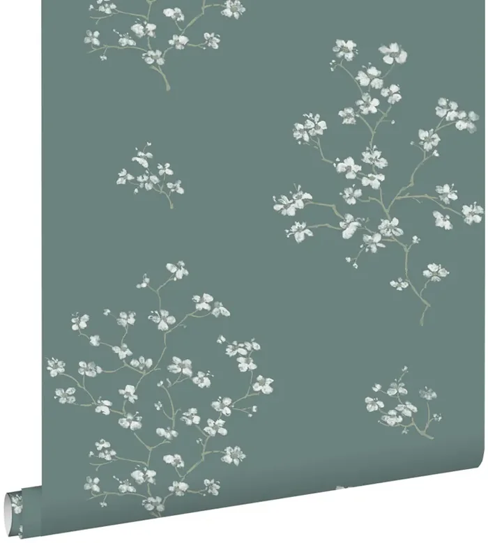 papel pintado ramas en flor verde pertróleo de ESTAhome – 148736