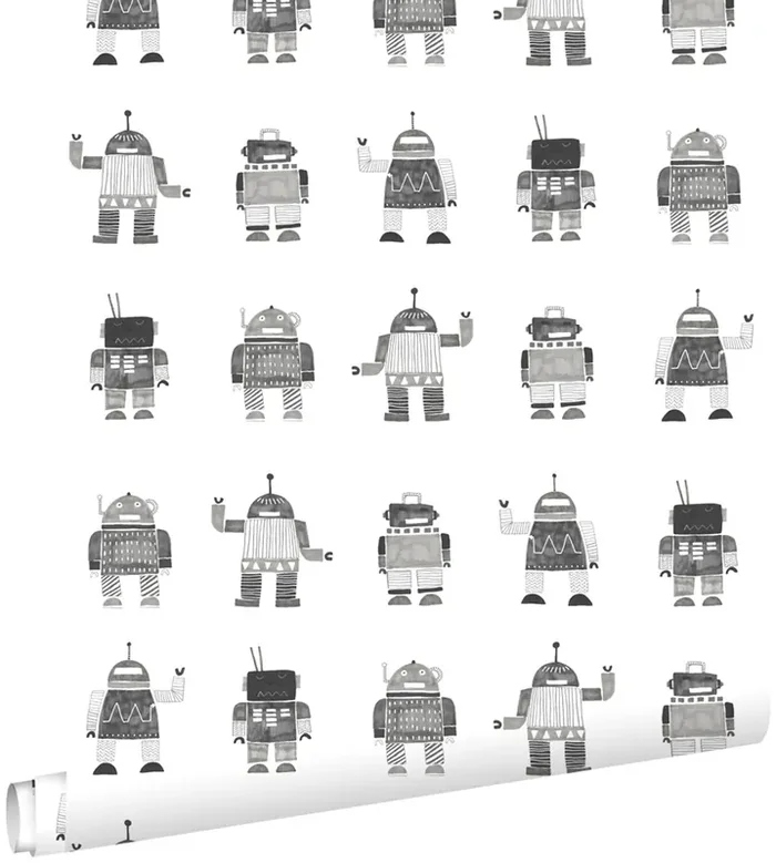 papel pintado robots de juguete vintage dibujados negro y blanco de ESTAhome – 138939