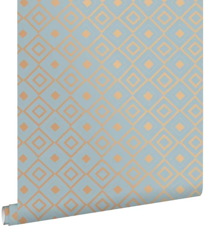 papel pintado rombo azul vintage y marrón cobre brillante de ESTAhome – 128830