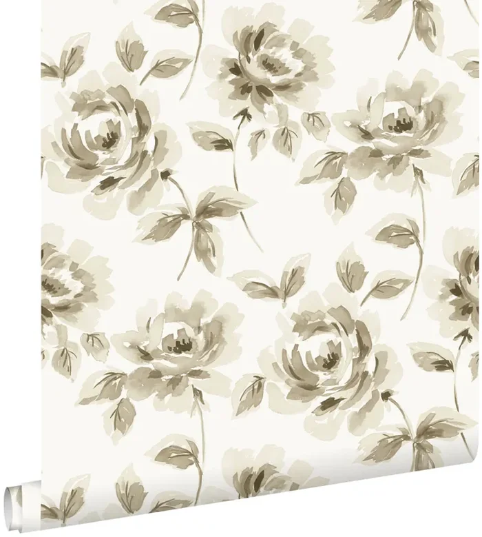 papel pintado rosas pintadas a la acuarela beige y marrón de ESTAhome – 128012