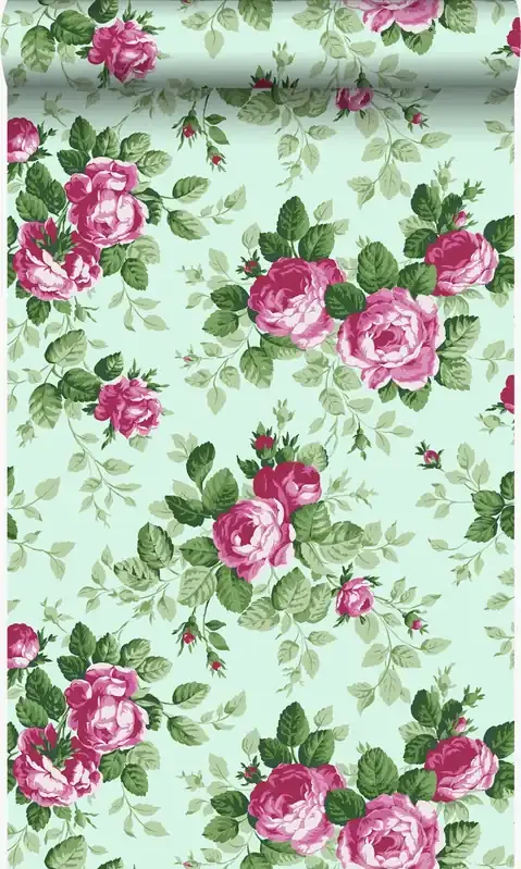 papel pintado rosas verde celadón y rosa de Origin Wallcoverings – 326139