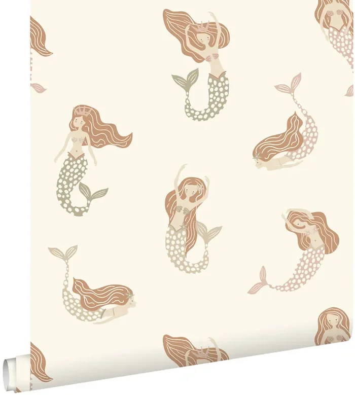 papel pintado sirenas verde, rosa viejo y rojo barro cocido de ESTAhome – 131500