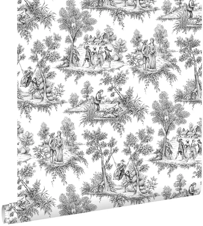 papel pintado tela de jouy negro de ESTAhome – 136820
