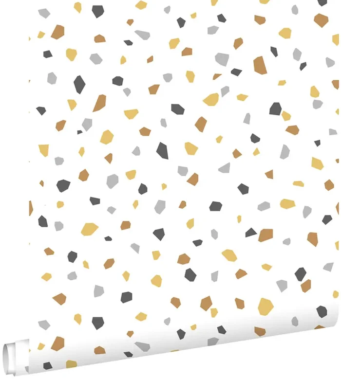 papel pintado terrazo blanco, amarillo ocre y gris de ESTAhome – 139305