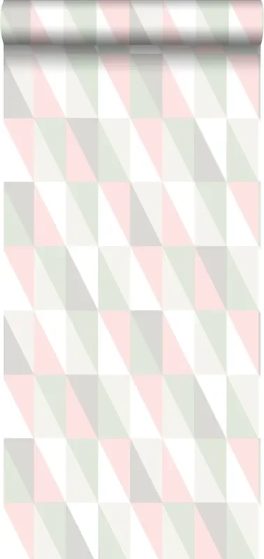 papel pintado triángulo geométrico gráfico verde, rosa y gris de Walls4You – 935301