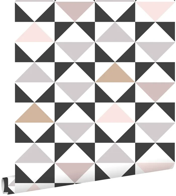 papel pintado triángulos gráficos blanco, negro, gris cálido y rosa viejo de ESTAhome – 139094