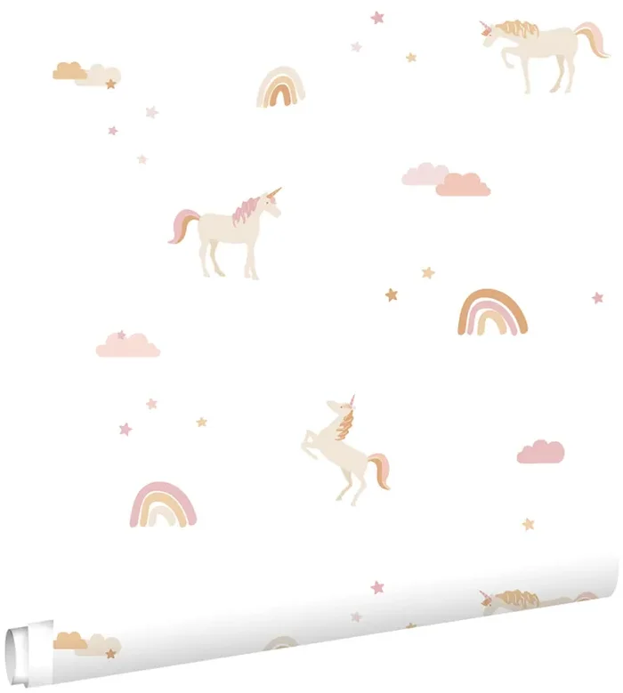 papel pintado unicornios beige, rosa suave y amarillo ocre de ESTAhome – 139538