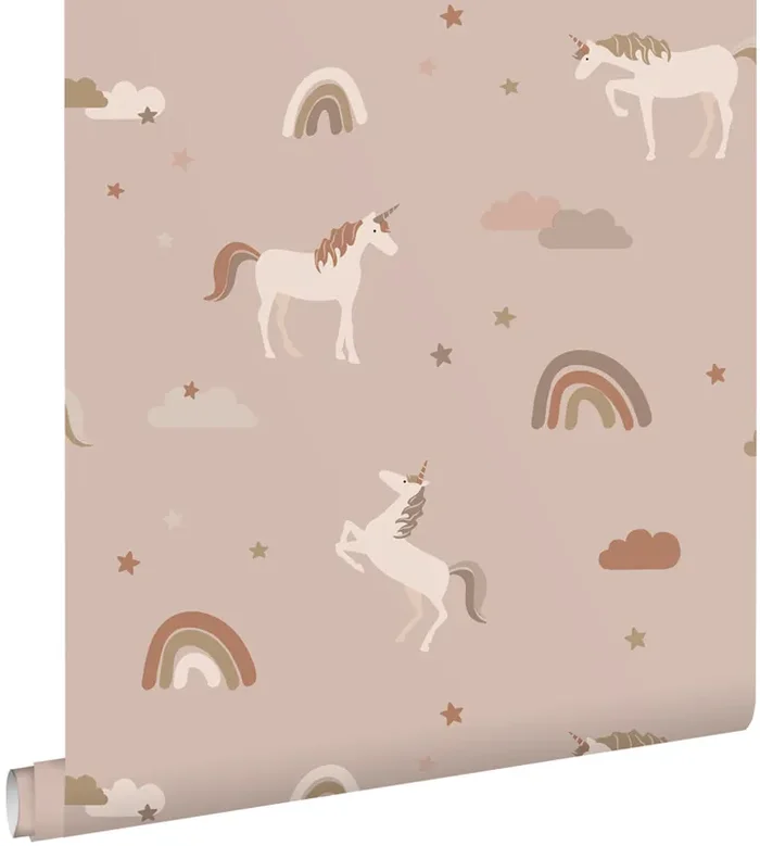 papel pintado unicornios rosa viejo y rojo barro cocido de ESTAhome – 131461