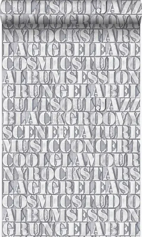 papel pintado viejas letras de impresión de hierro gris claro de Origin Wallcoverings – 347594