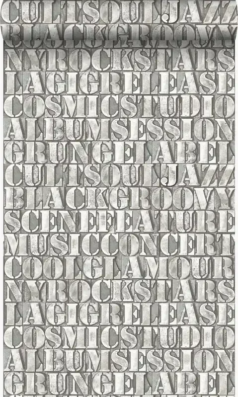 papel pintado viejas letras de impresión de hierro gris de Origin Wallcoverings – 347593