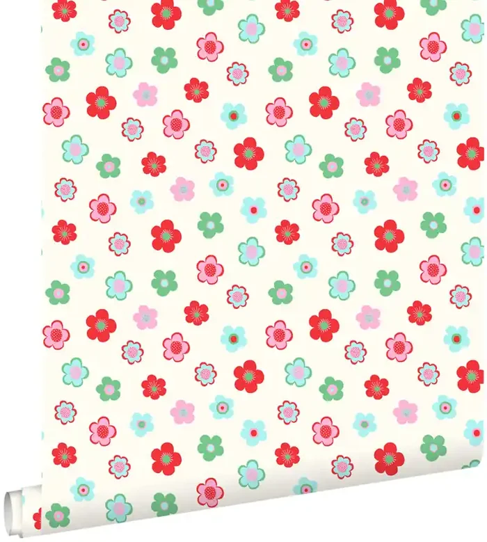 papel pintado vintage flores azul claro, verde y rojo de ESTAhome – 138726