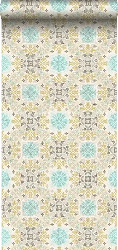 papel pintado XXL bordado folcloristico beige y turquesa de ESTAhome – 158605
