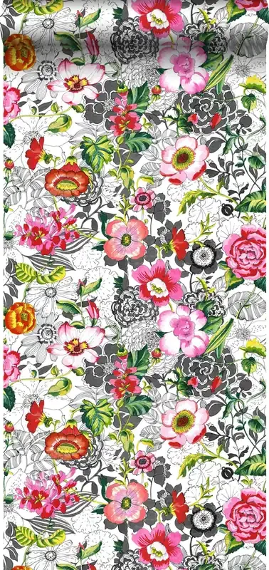 papel pintado XXL flores funky rosa, rojo, verde, negro y blanco de ESTAhome – 158501