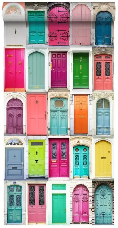 papel pintado XXL puertas de colores rosa, turquesa, naranja, amarillo y morado de ESTAhome – 158607