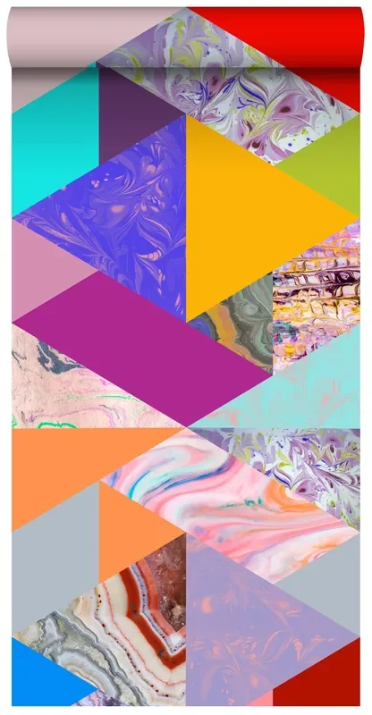 papel pintado XXL Triángulos con efecto mármol. amarillo, azul, rosa y verde de ESTAhome – 158914