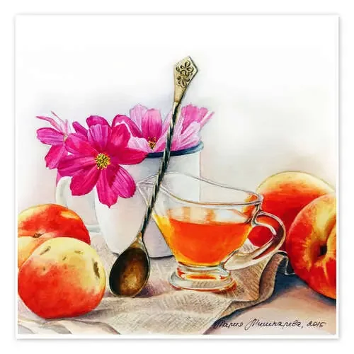 Peaches and flowers watercolor painting de Maria Mishkareva
