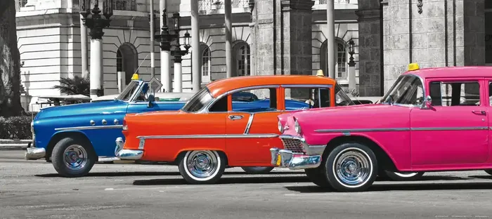 póster decorativo coches antiguos vinatge azul, naranja y rosa de Sanders & Sanders – 600913
