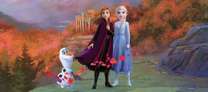 póster decorativo Frozen Anna & Elsa azul, morado y naranja de Disney – 600906