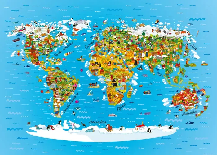 póster decorativo mapa mundial para niños azul, amarillo y verde de Sanders & Sanders – 600678