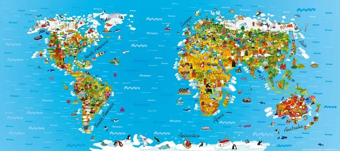 póster decorativo mapa mundial para niños azul, amarillo y verde de Sanders & Sanders – 600927