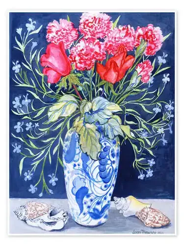 Rosas, claveles y lobelia en un jarrón azul y blanco, 2011. de Joan Thewsey Bridgeman Images