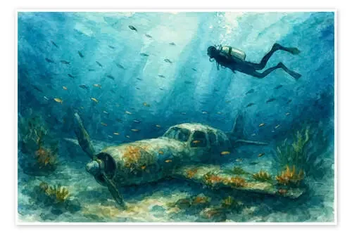 Scuba diver exploring sunken airplane wreck de Natalie Bruns
