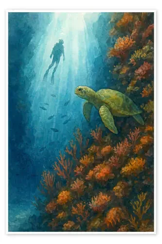 Scuba diver with sea turtle on coral reef de Natalie Bruns