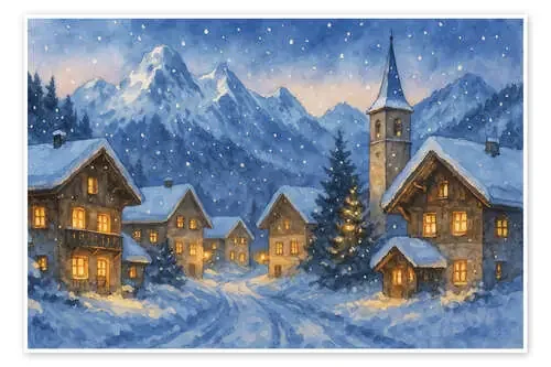 Snowy winter village in the Alps by night de Natalie Bruns