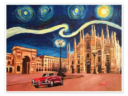 Starry Night in Milan Italy Oldtimer and Cathedral de M. Bleichner