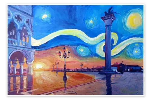 Starry Night in Venice Italy San Marco with Lion de M. Bleichner